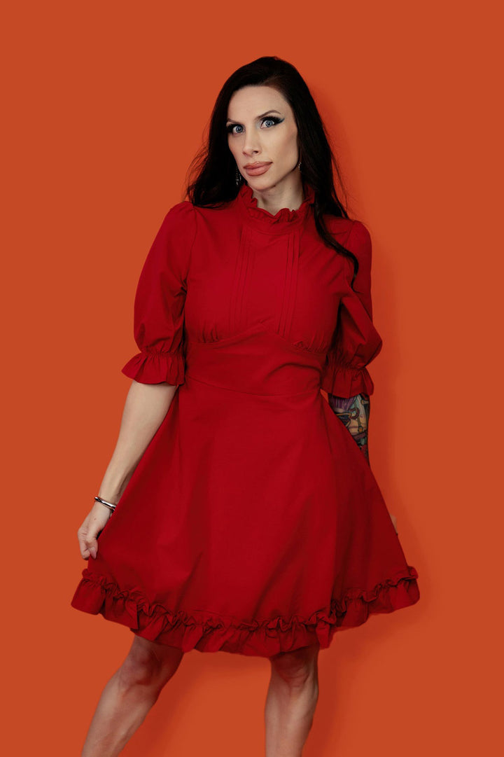 puffed shoulder red valentines day dress