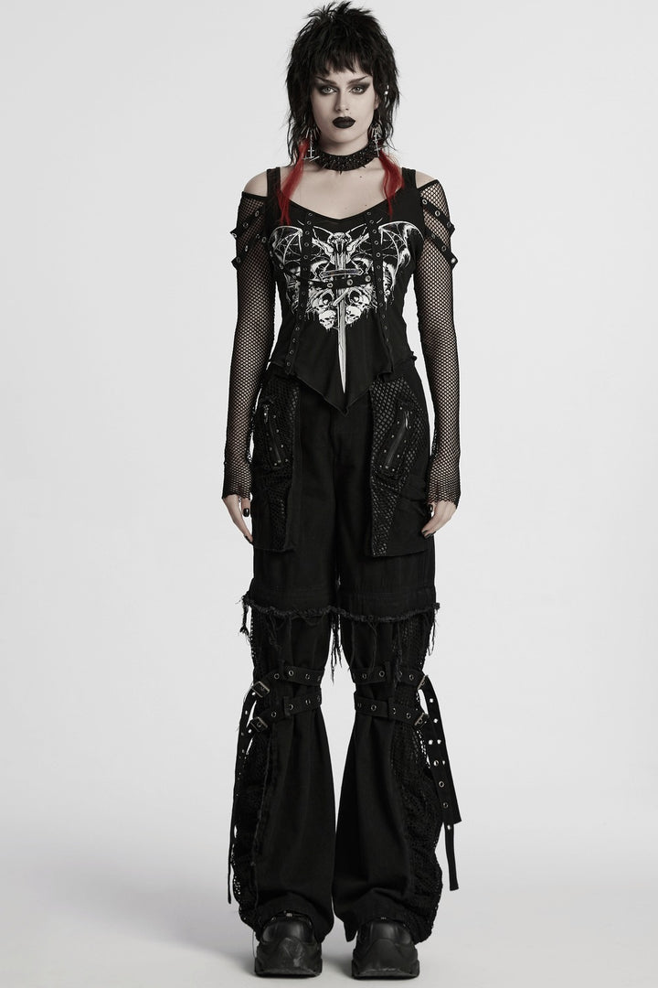 fishnet cold shoulder eyelet bat graphic top