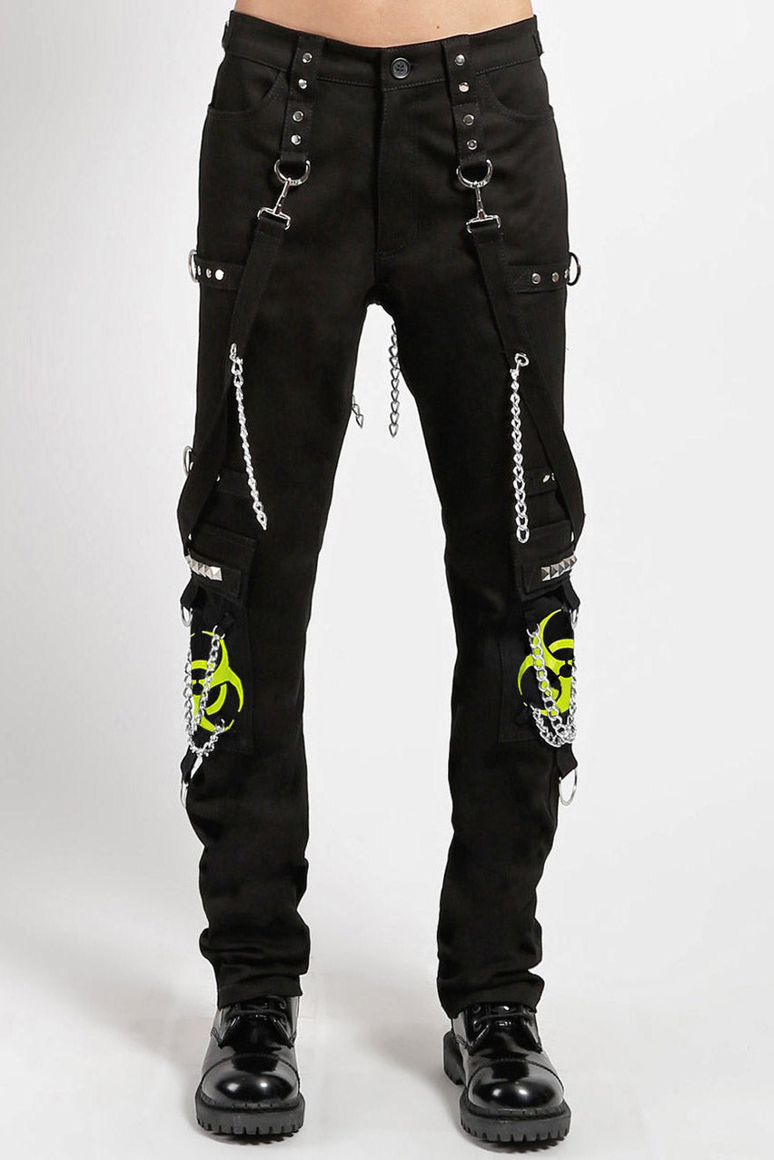 studded chain punk pants with biohazard symbols 