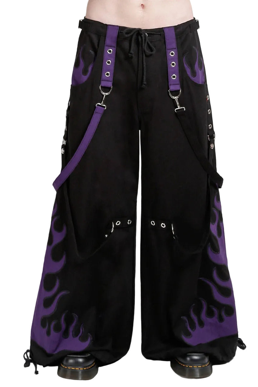 black and purple flame patch pants