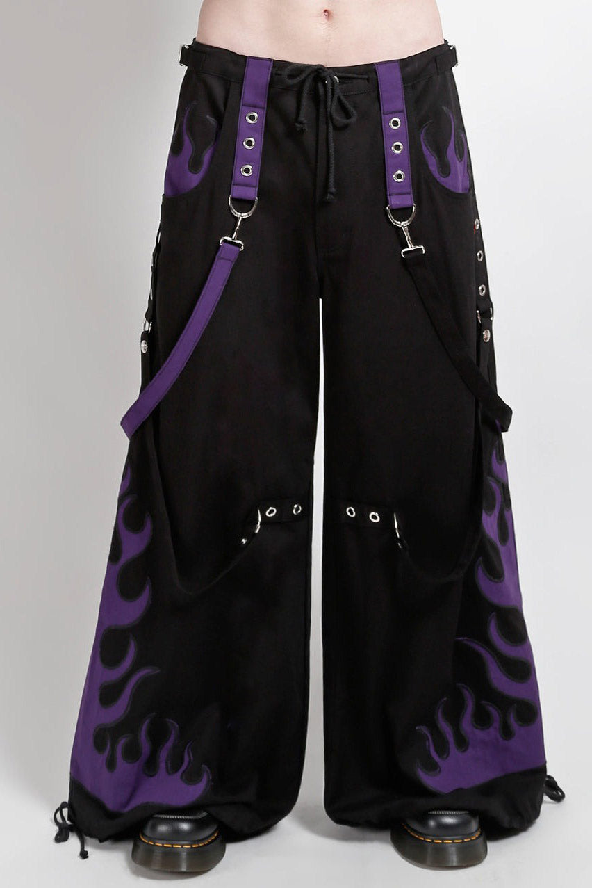 black and purple flame patch pants