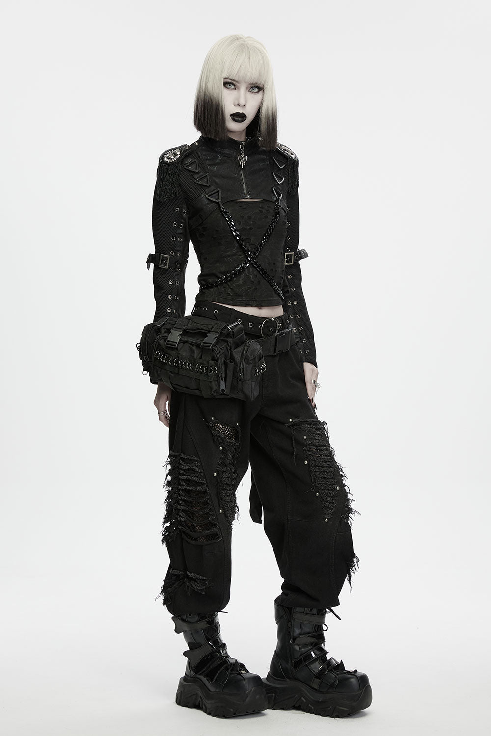 multipocket punk waist bag with buckles and zippers