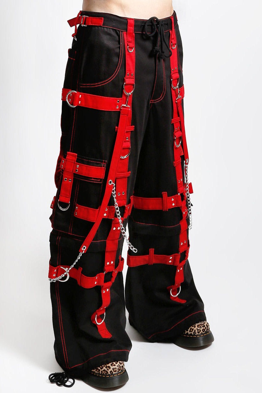 baggy red and black cargo pants