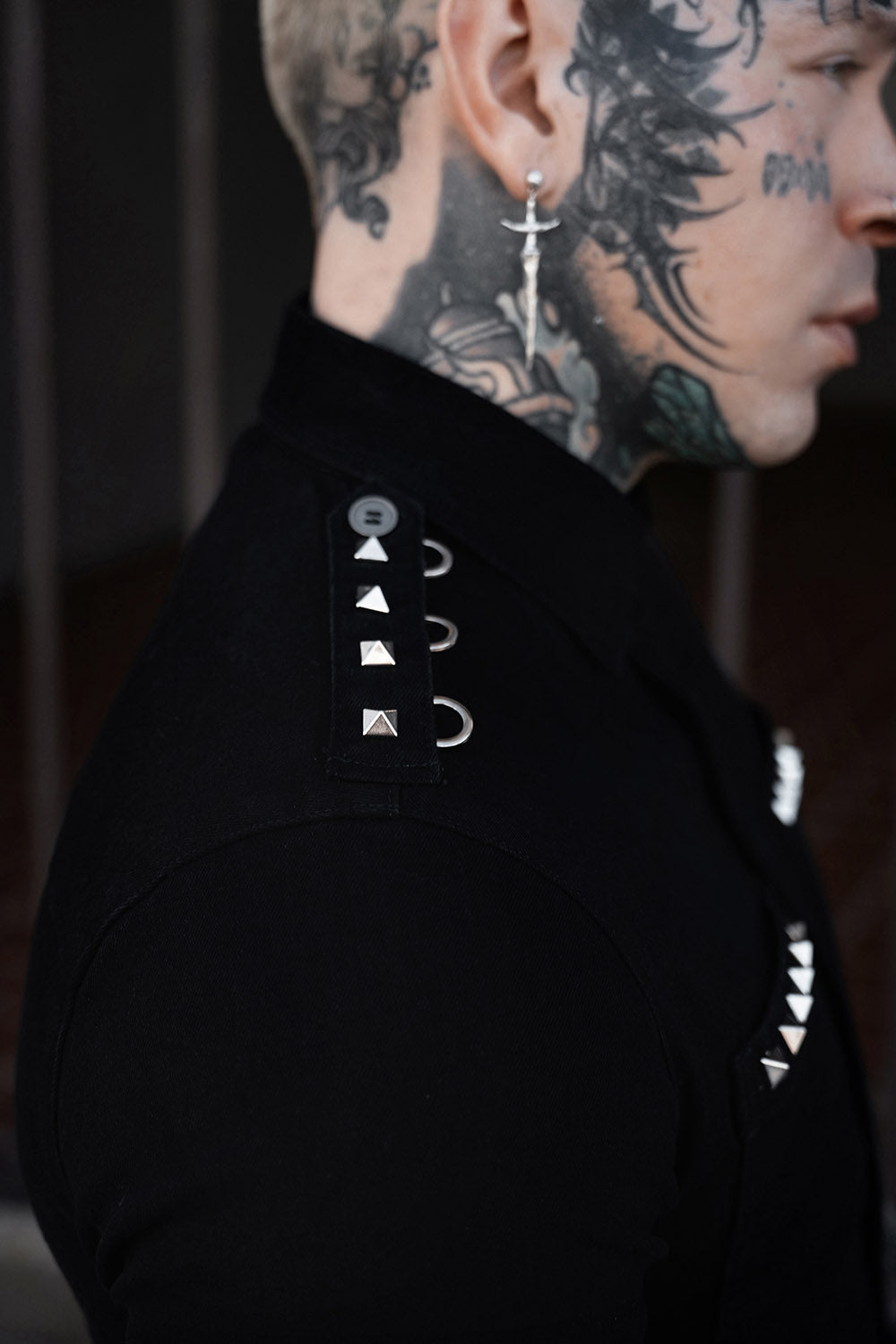 d- ring black denim pyramid studded short sleeve shirt