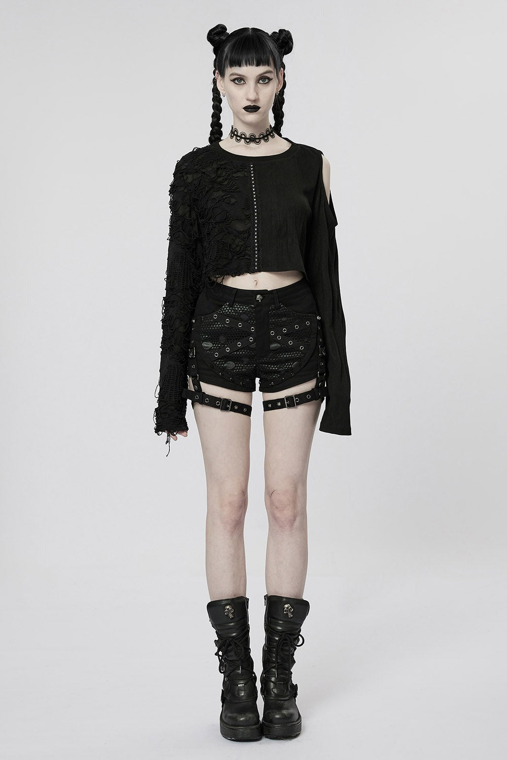 buckled black punk mini shorts with leg straps