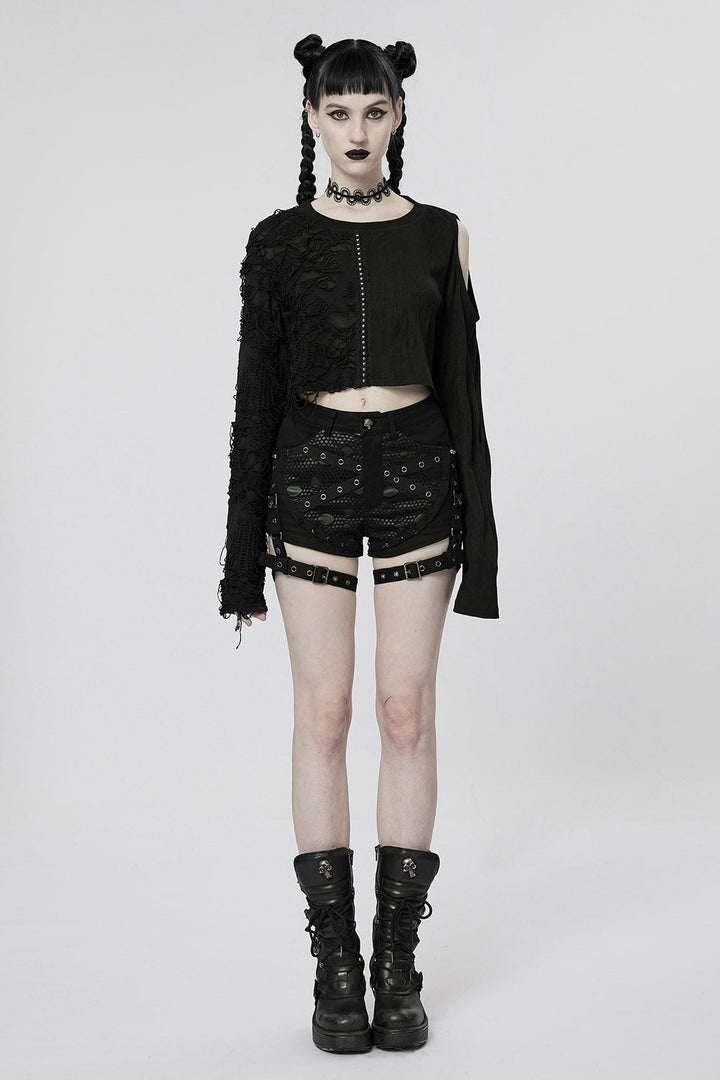 buckled black punk mini shorts with leg straps