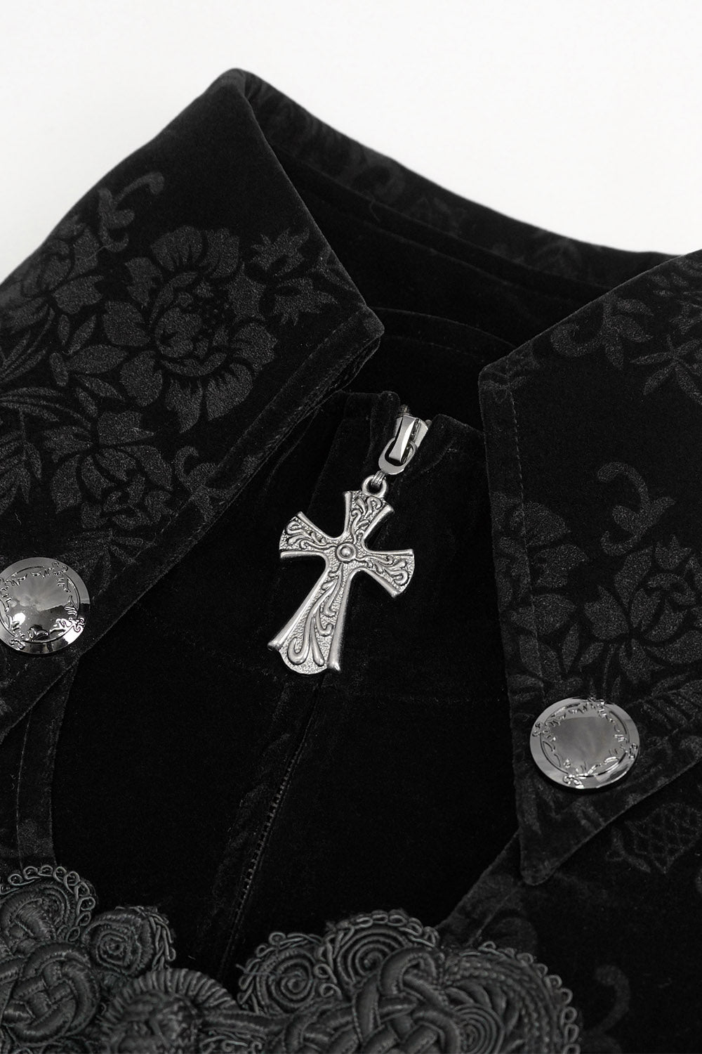 mens vampire coat with gothic cross zip pull