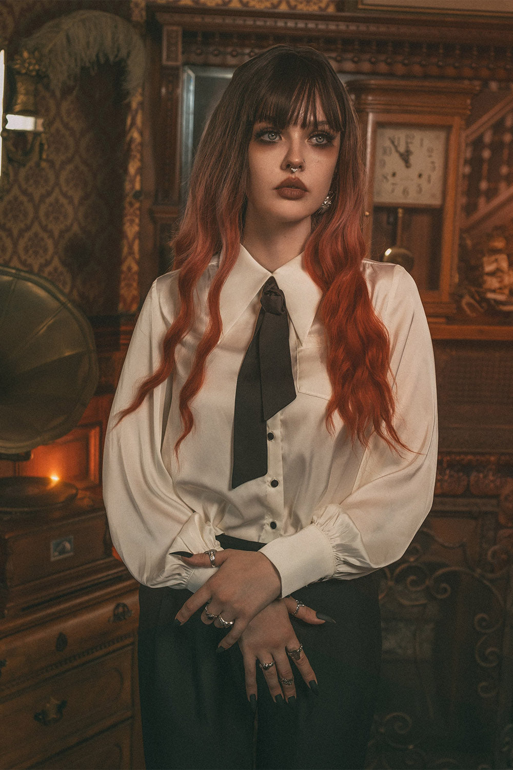 white satin button-down top for women