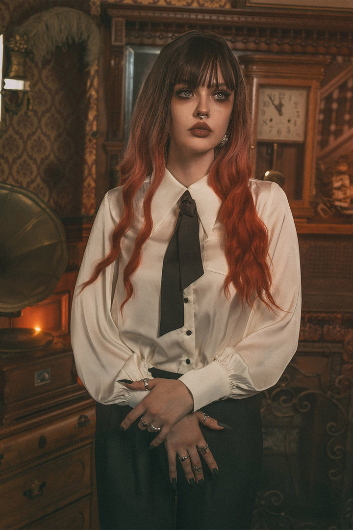 white satin button-down top for women