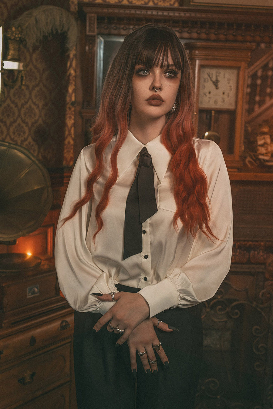 white satin button-down top for women