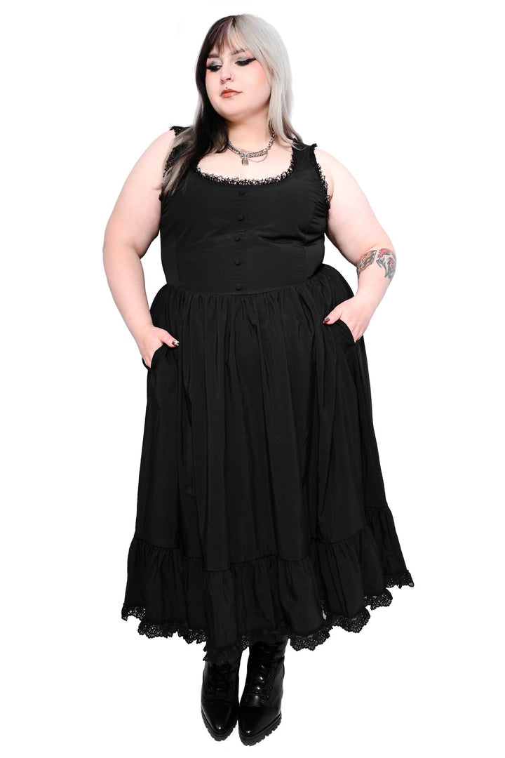 high-waisted square neckline ruffled dress