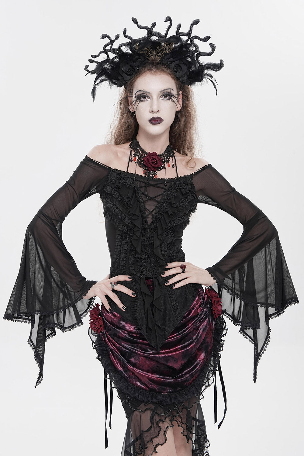 gothic mesh long sleeve flared top by devil fashion