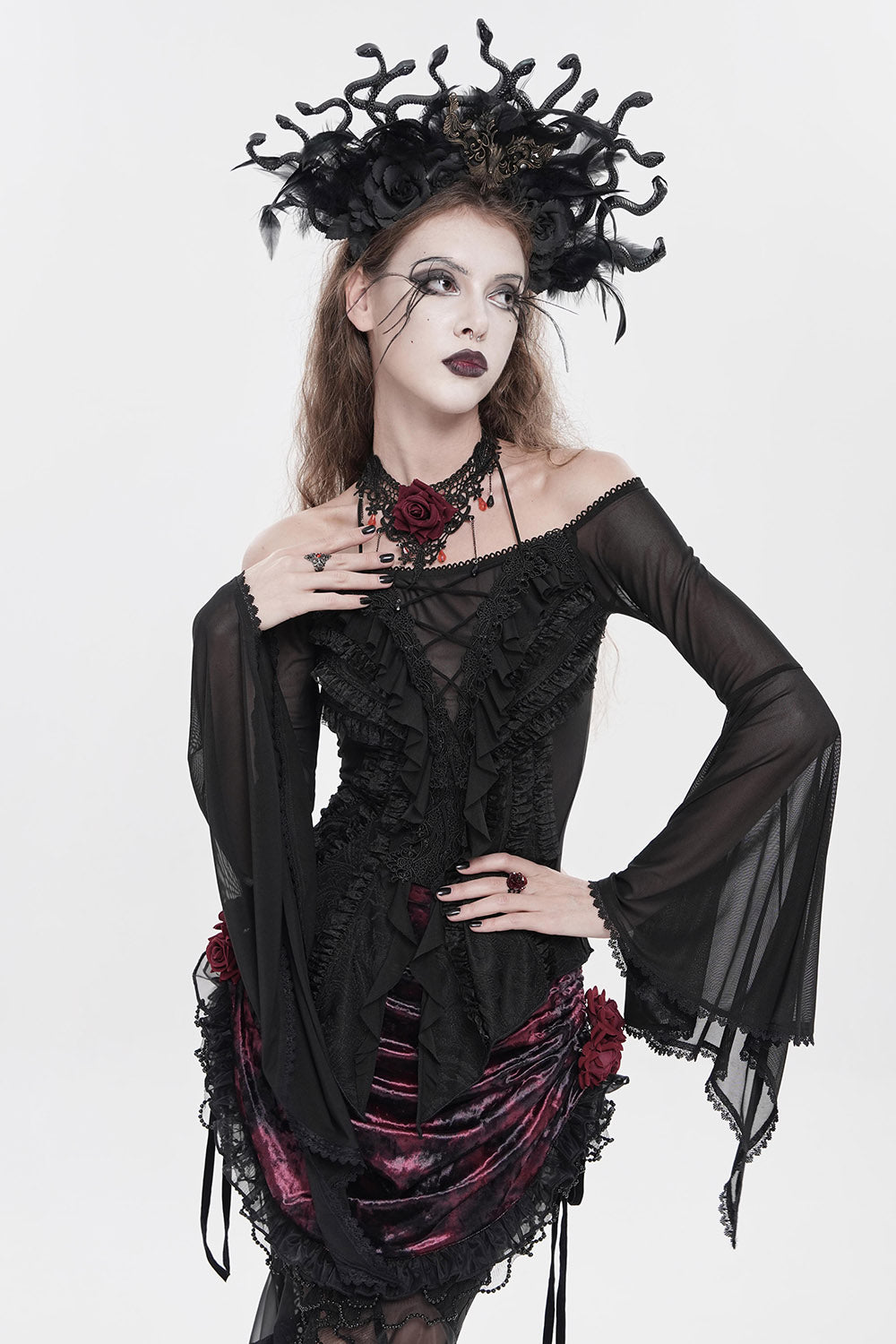 womens lace-up gothic mesh long sleeve flared top by devil fashion