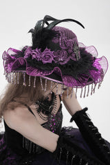 beaded victorian goth embroidered hat with feathers