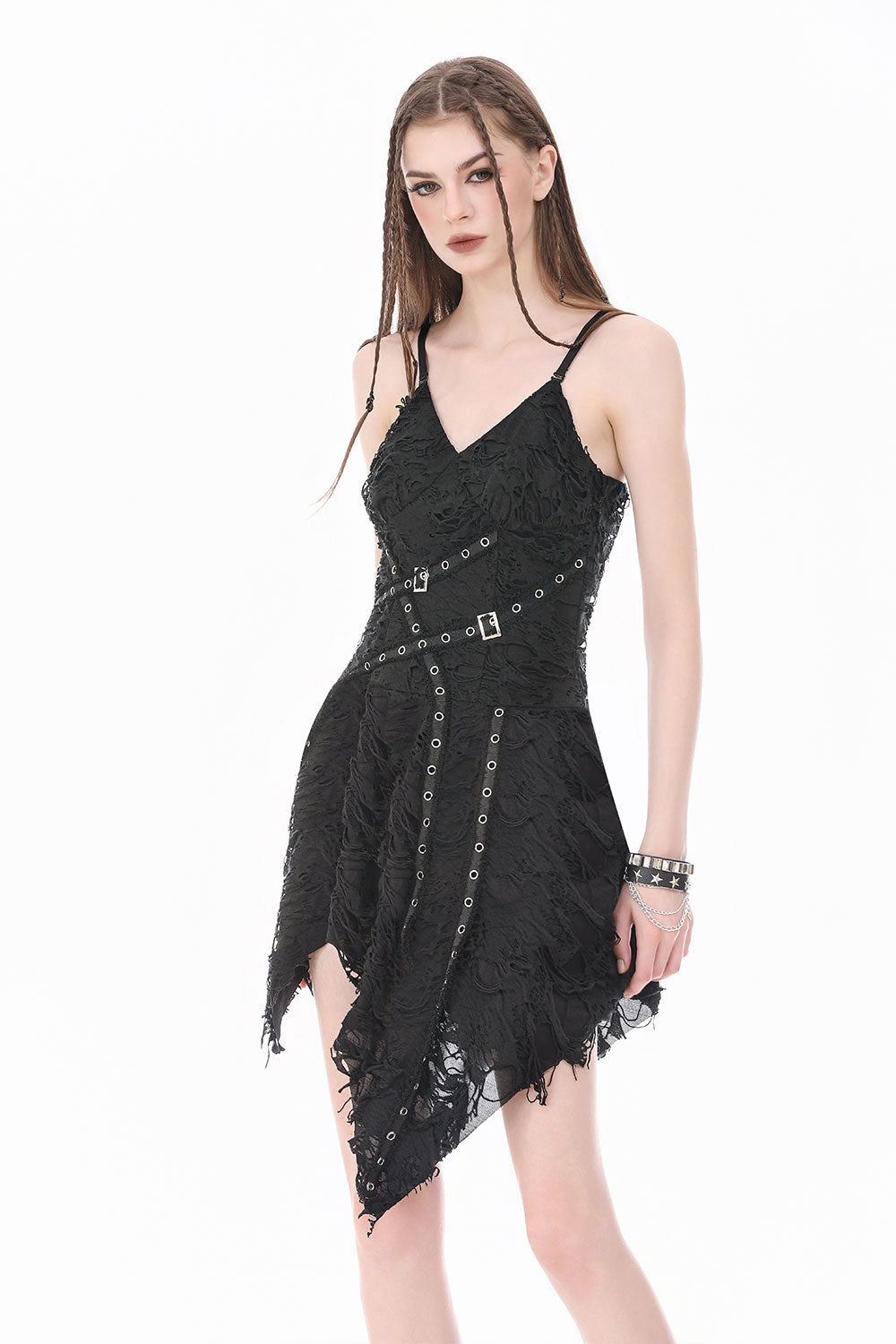 Lacey black dress with rivets and shredded texture