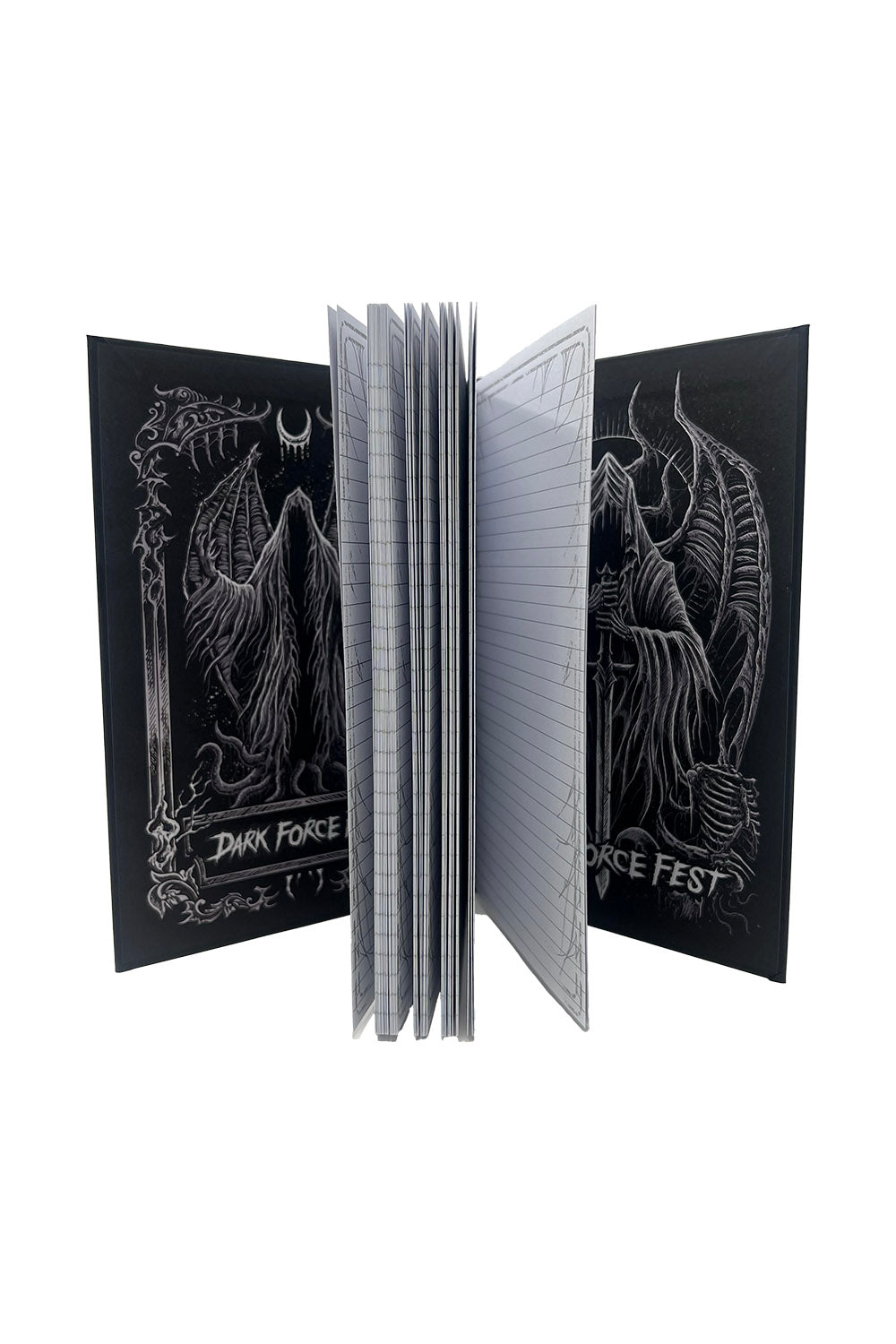 inside a dark force fest notebook with band lineup on the back