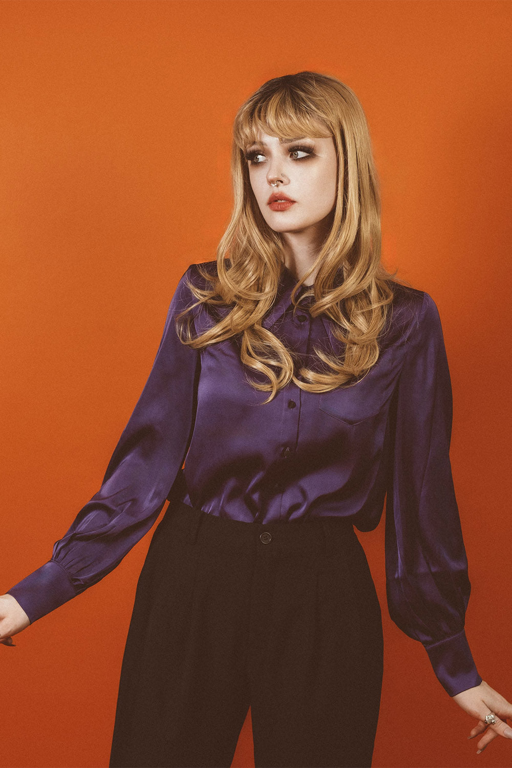 womens gothic dark purple satin button down shirt by lively ghosts 