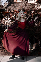 dark red burgundy dress with pockets and sheer sleeves