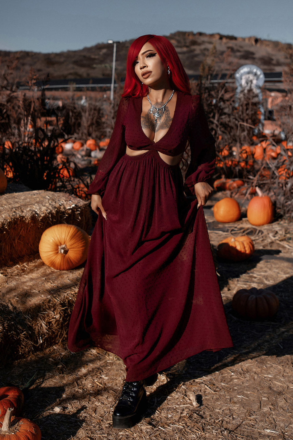 dark cottagecore dark red burgundy dress