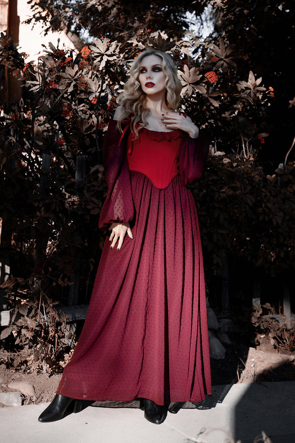 dark red burgundy dress with pockets and red corset