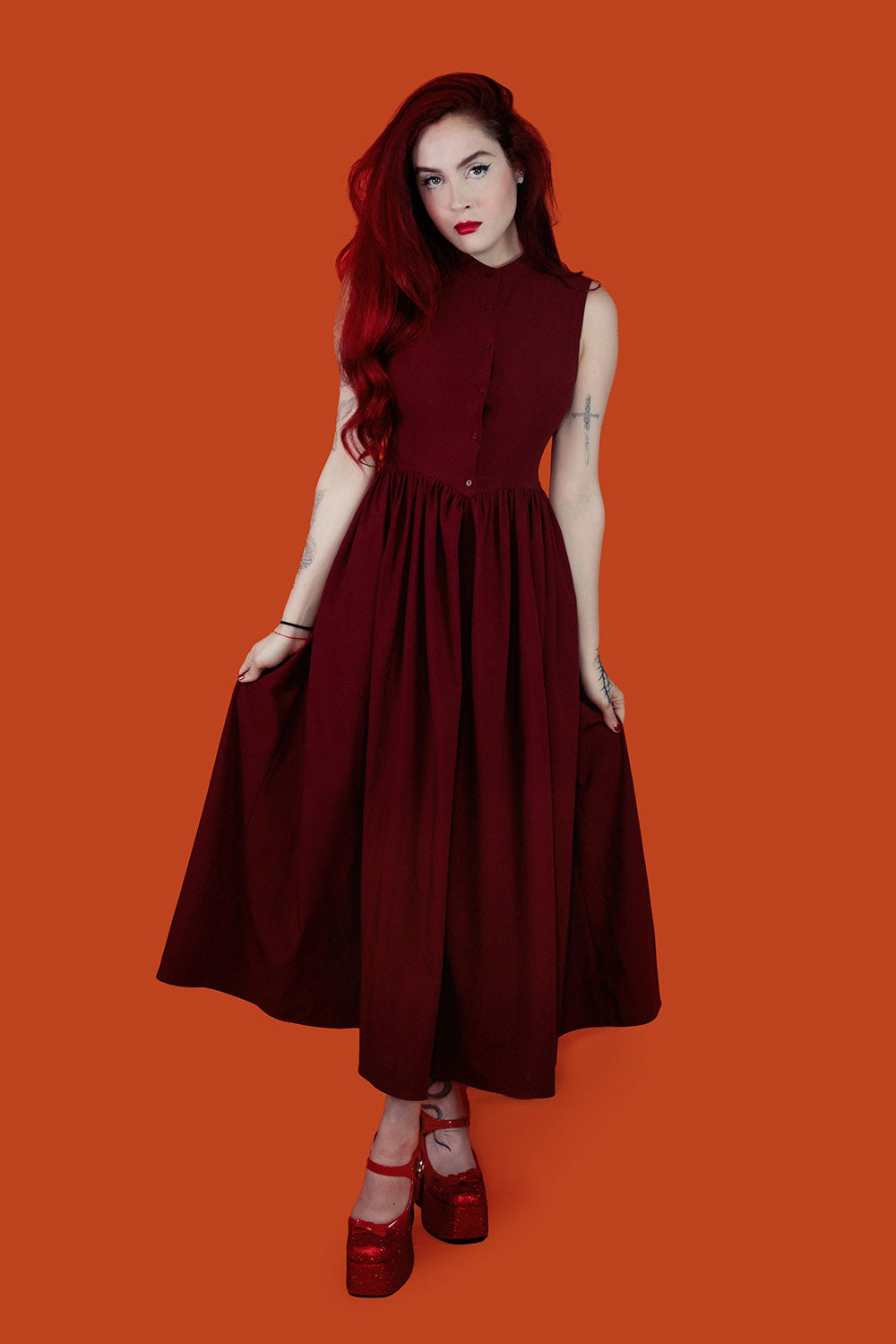dark cottagecore red sleeveless dress with pockets