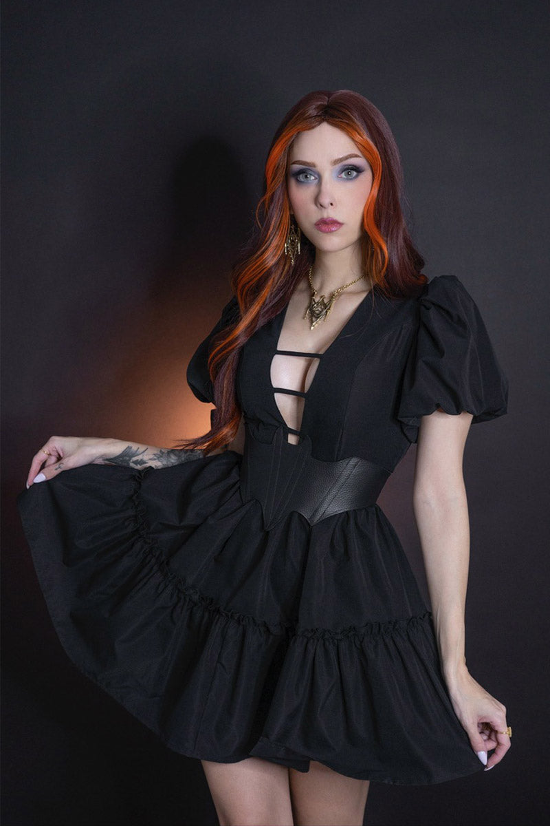 dark cottagecore womens deep v-neck dress