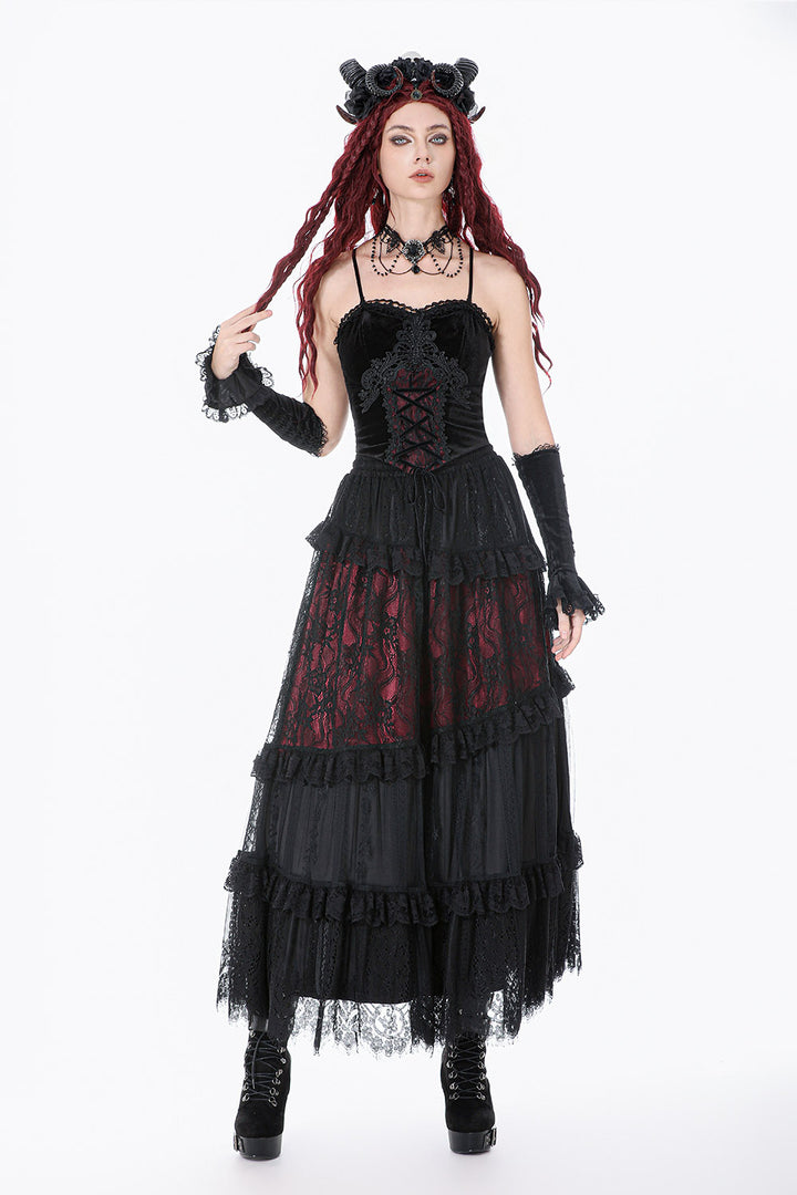 embroidered sweetheart neckline red and black steampunk tank top