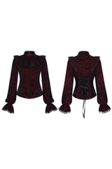 black and red velvet long sleeve top with flared sleeves by punk rave