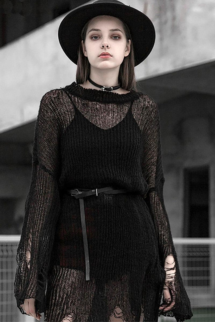 Darkness Distressed Oversized Sweater - dresses - VampireFreaks - Punk Rave