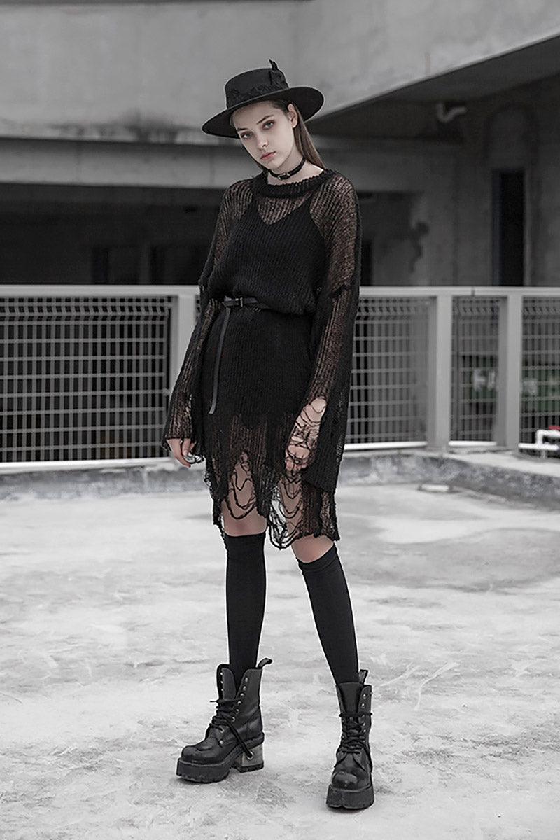 Darkness Distressed Oversized Sweater - dresses - VampireFreaks - Punk Rave