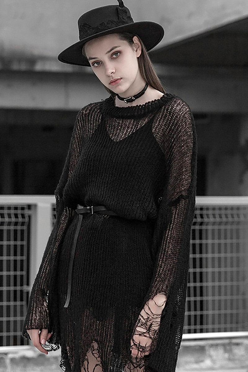 Darkness Distressed Oversized Sweater - dresses - VampireFreaks - Punk Rave