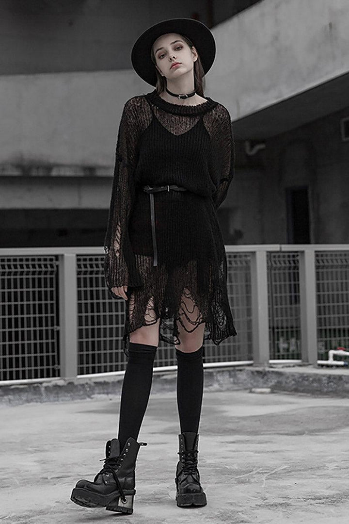 Darkness Distressed Oversized Sweater - dresses - VampireFreaks - Punk Rave