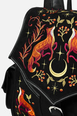embroidered dark cottagecore backpack with silver moon zip pull