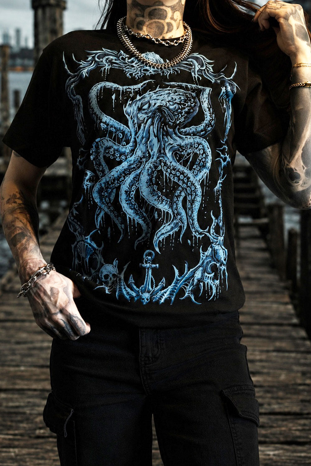 black and teal kraken sea monster cryptid shirt