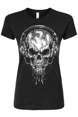 skull wearing headphones graphic shirt