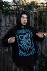 VampireFreaks Dead Mans Chest black gothic hoodie with blue kraken octopus graphic for steampunk piratecore and alternative fashion