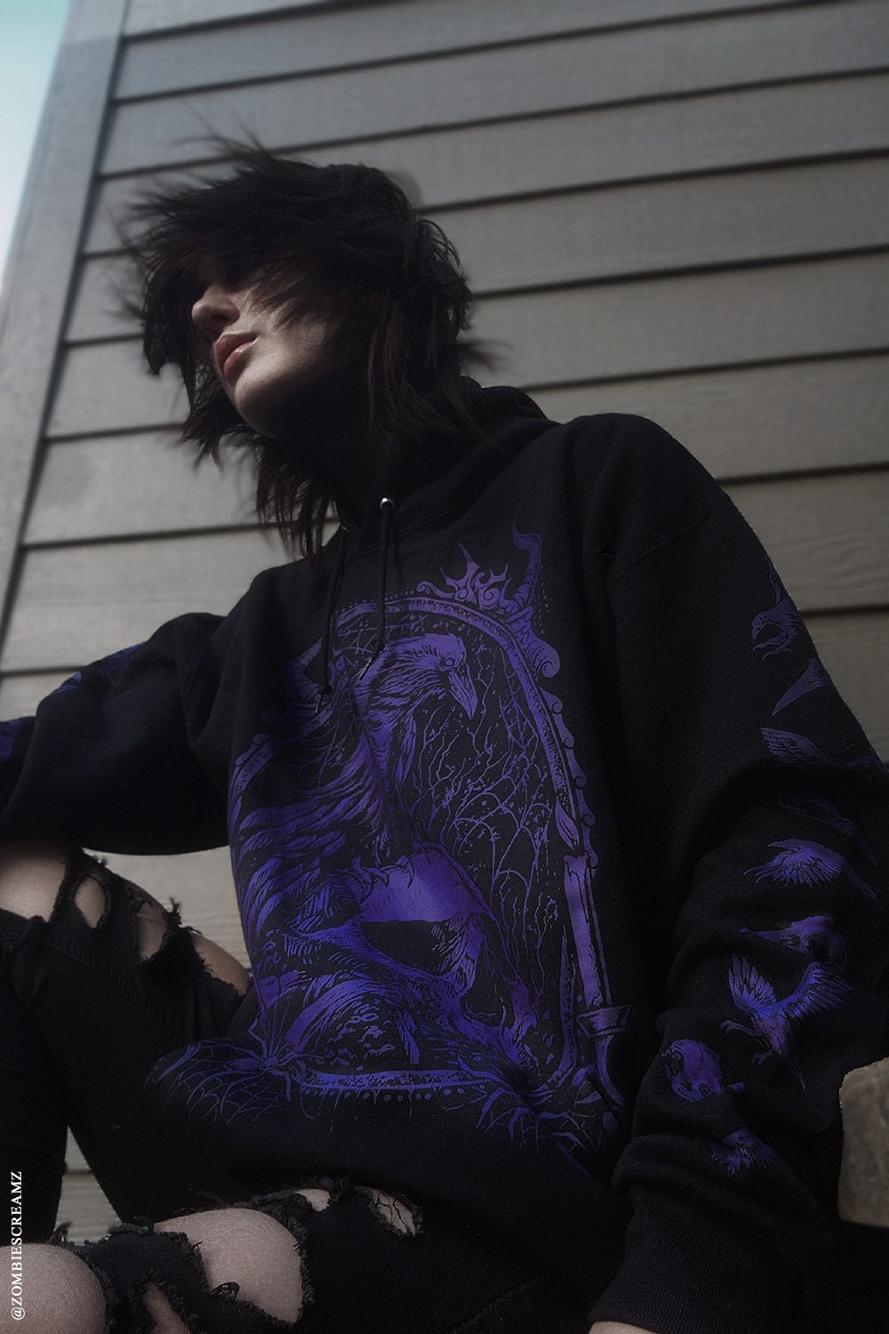 Death Raven Hoodie w/ Crow Sleeves [PURPLE] - mens outerwear - VampireFreaks - VampireFreaks