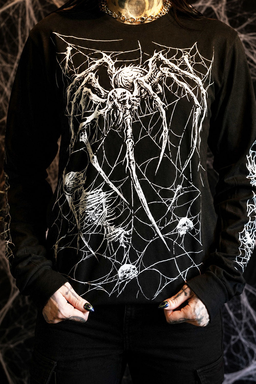 gothic spider long sleeve shirt with spiderweb sleeves