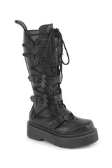 A black leather lace-up boot with multiple decorative straps, buckles, and metal eyelets, shown on a plain white background.