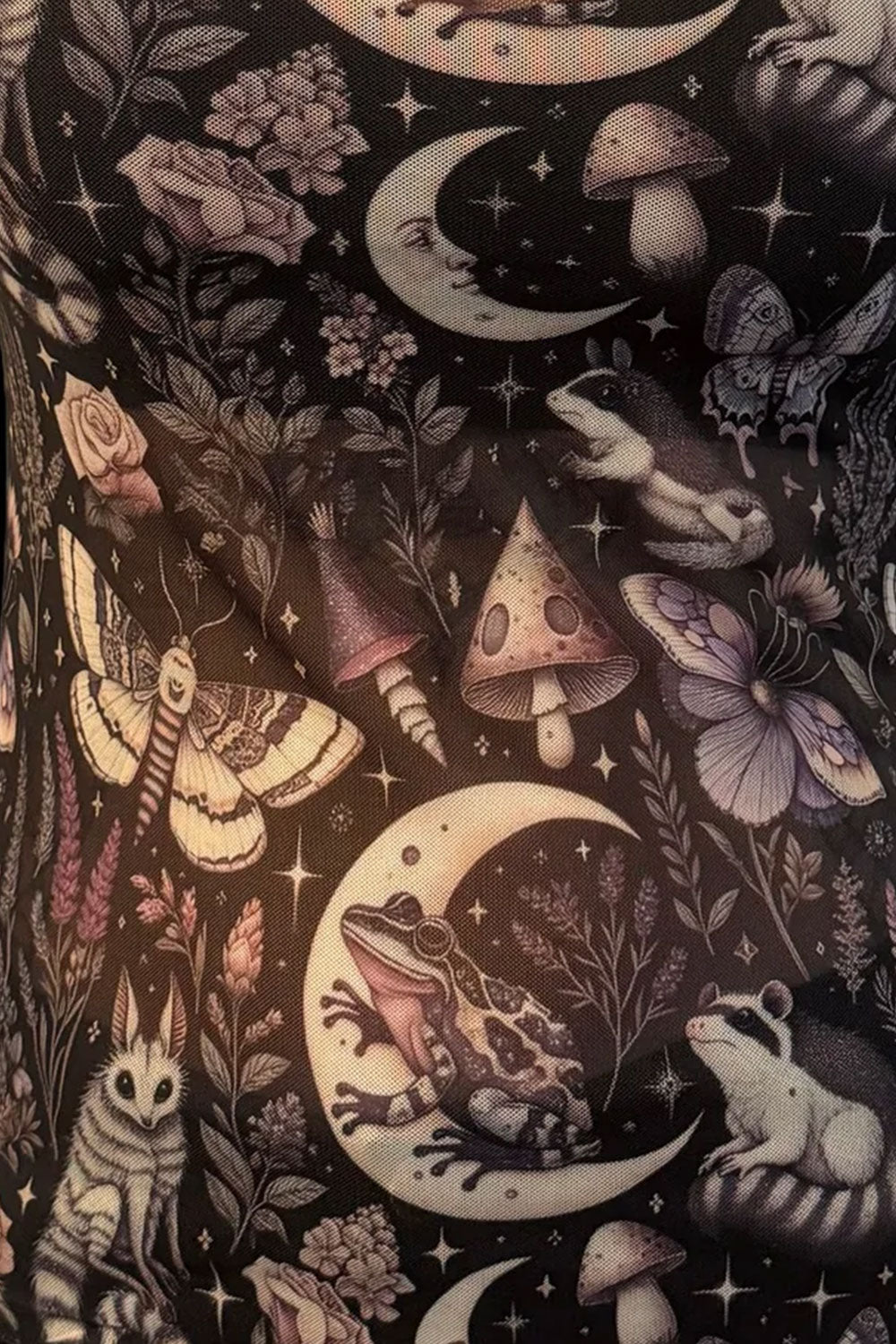 Cute mesh top with mushrooms moons frogs moths creatures