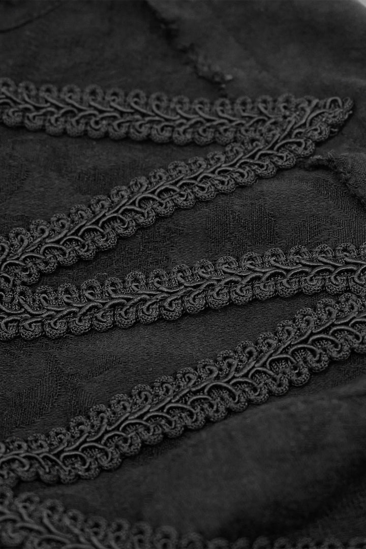 mens black cotton distressed historical shirt with embroidered shoulders