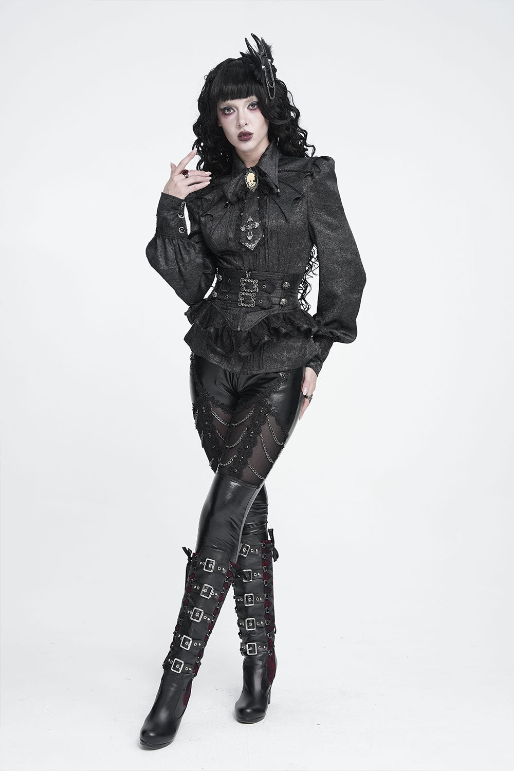 Model wearing Devil Fashion black girdle