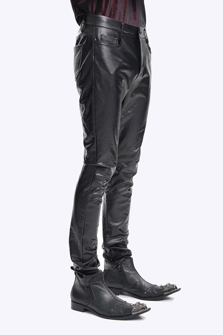 mens black damask vegan leather pants