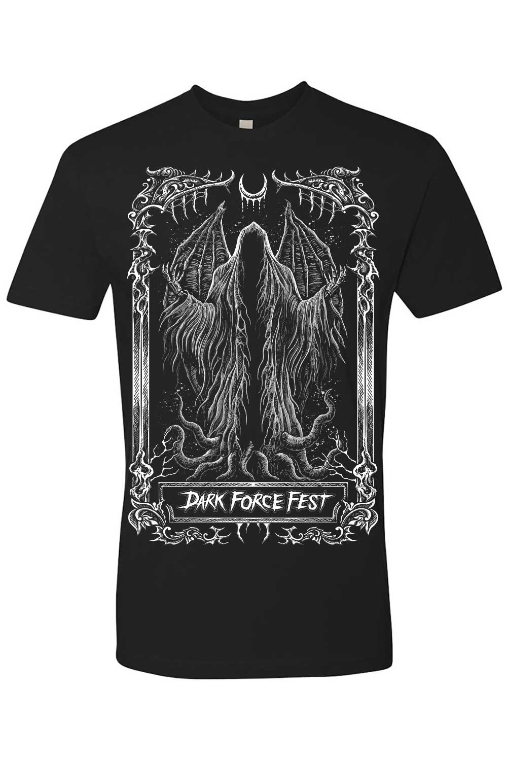 Black t-shirt with a graphic design of a hooded figure and 'Dark Force Fest' text on a white background