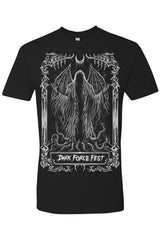 Black t-shirt with a graphic design of a hooded figure and 'Dark Force Fest' text on a white background