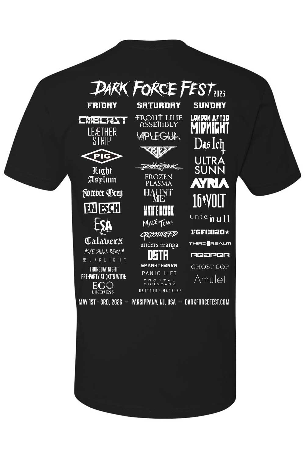 Black t-shirt with white text listing bands and event details on a white background