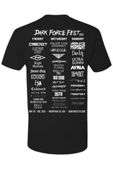Black t-shirt with white text listing bands and event details on a white background