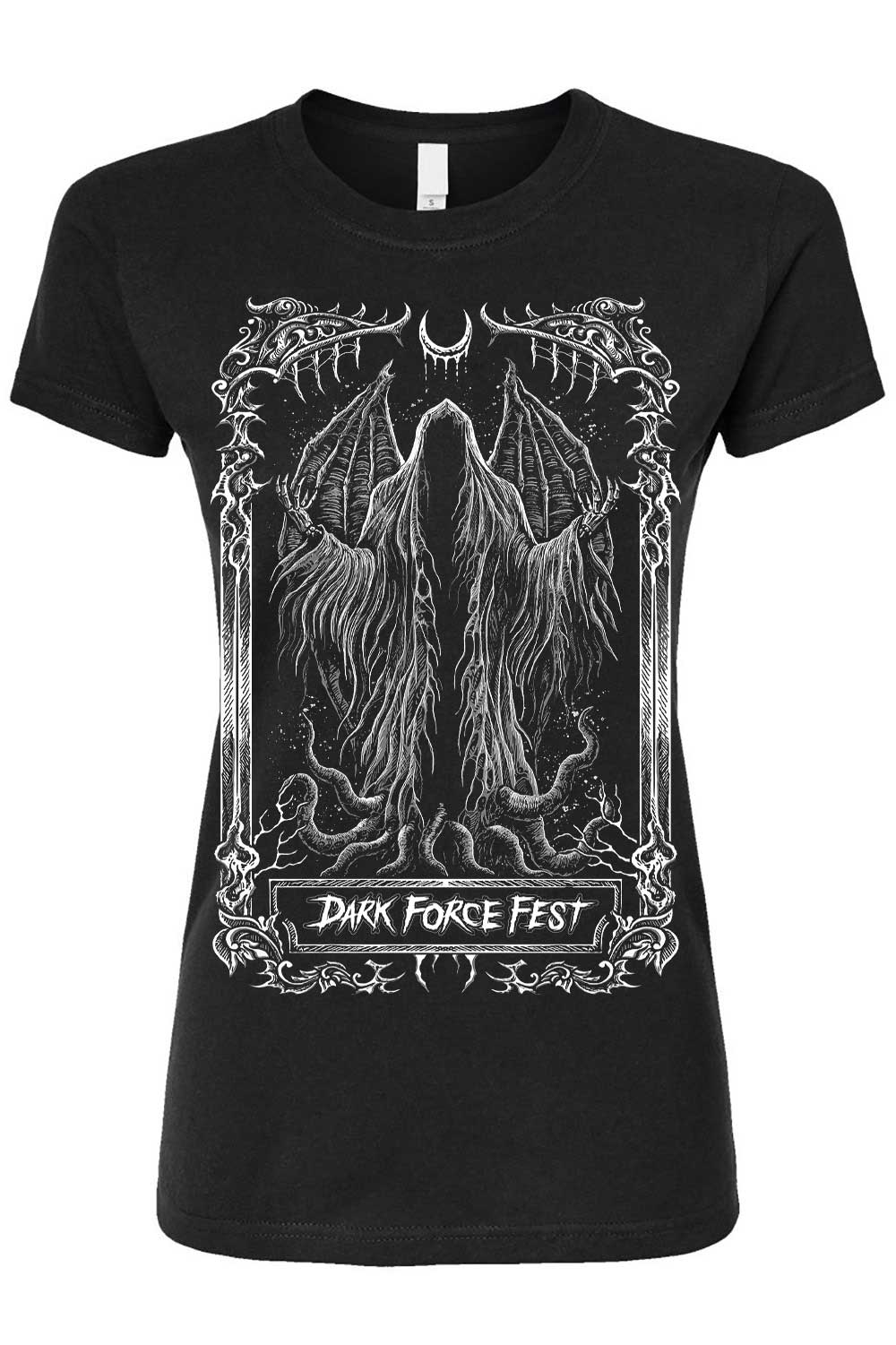 Black t-shirt with white graphic design and 'Dark Force Fest' text on a white background