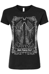 Black t-shirt with white graphic design and 'Dark Force Fest' text on a white background