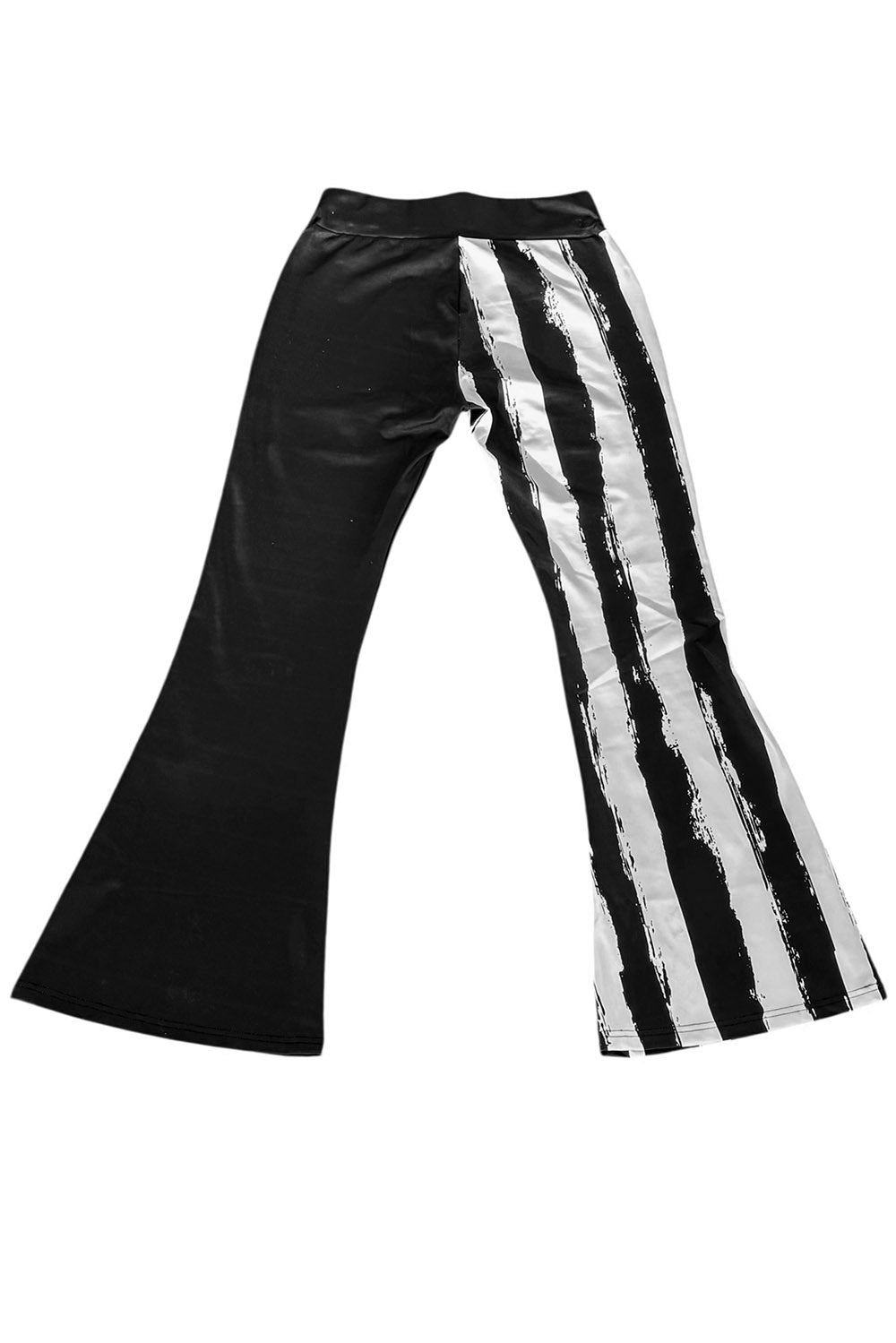 Black and white stripe bell-bottom pants with white stripe on a white background